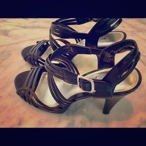 WHBM Black leather strappy heels